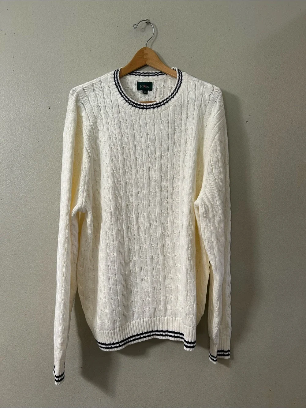 J. CREW Heritage cotton tipped cable-knit sweater Ivory Navy Stripe XL